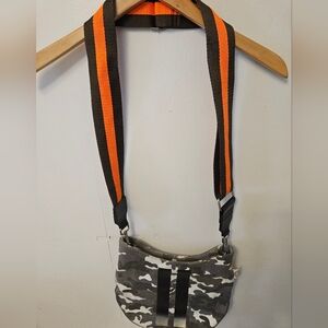 Camouflage Crossbody Bag with Vibrant Orange Strap